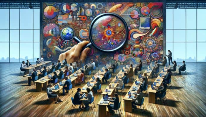 Create Content for Trending Industry Reports: A person using a magnifying glass to analyze charts and graphs, surrounded by trade publications and a laptop at a conference.