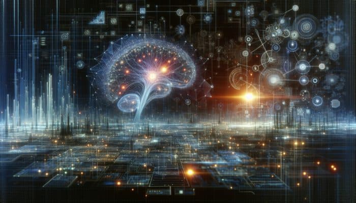 Use AI to Enhance Meta Descriptions: A futuristic digital landscape with AI and SEO merging, showing neural networks and search algorithms enhancing visibility through data analytics and predictive trends.