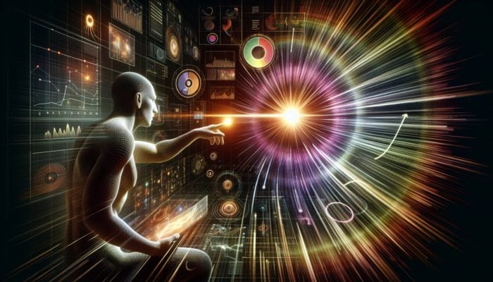 Incorporate Storytelling for Engaging SEO Content: Person captivated by a colorful narrative on a screen, with rising engagement metrics and search rankings.