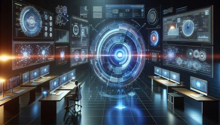 Create Content for AI-Powered Search Assistants: A futuristic AI search assistant interface with holographic data streams and user queries turning into insights.