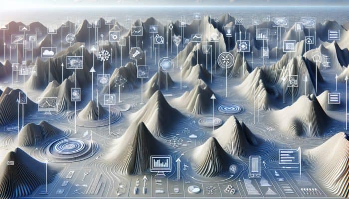 Use Content Gaps to Outrank Competitors: A digital landscape with gaps representing content opportunities, surrounded by various content formats and strategic enhancement arrows.