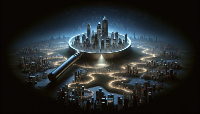 A digital landscape with magnifying glass highlighting content gaps, skyscrapers as competitors, pathway lit by expert insights to the top.