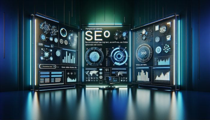 A futuristic SEO dashboard with personalized search results, vibrant graphs, and neon blue and green accents.