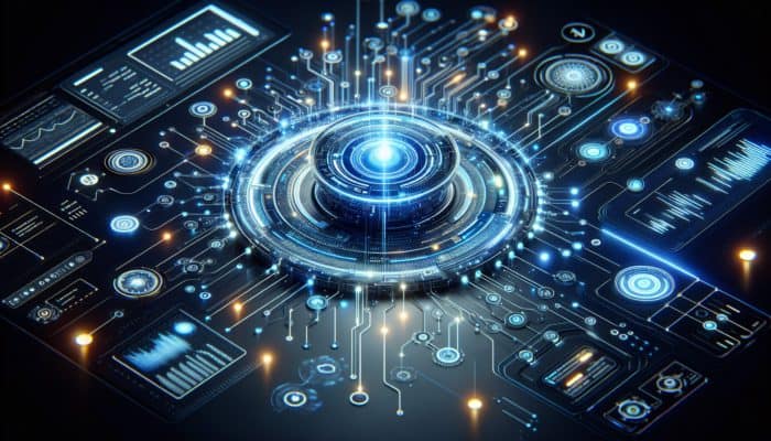 Create Content for Siri Voice Queries: Futuristic AI interface with glowing circuits and nodes processing voice commands on a dark background.