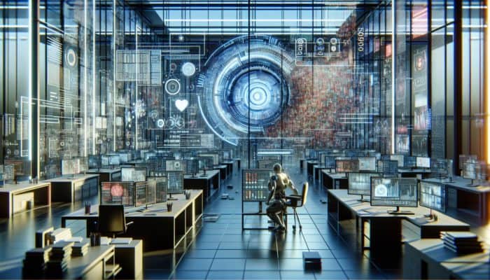 AI in futuristic lab analyzing SERP data, showing biases in graphs and struggling with human emotions and cultural contexts.