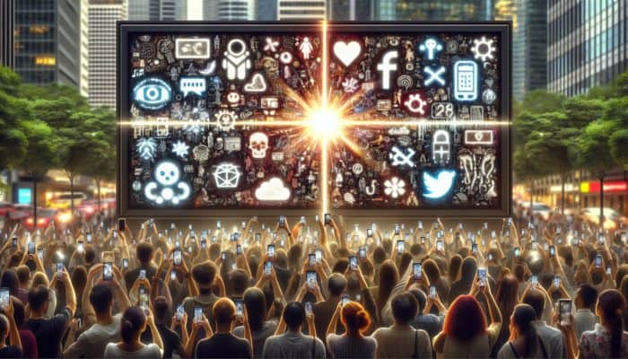 Create Content for Pop Culture SEO Trends: A vibrant digital billboard showcasing pop culture icons and memes, with a diverse crowd using smartphones in an urban setting.