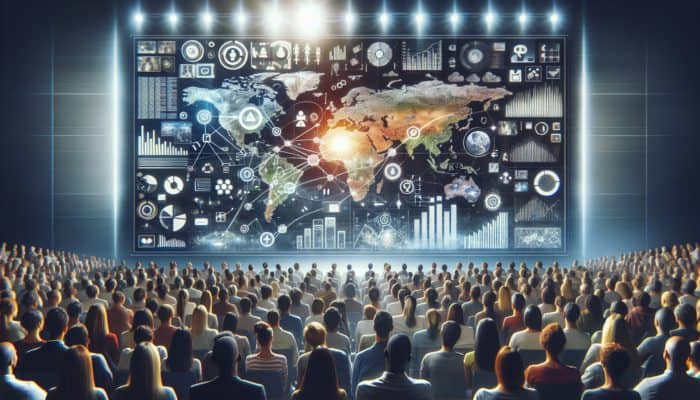 Leverage Content Syndication for Visibility: Digital content spreading across screens, vibrant graphs showing increased visibility and engagement, global audience consuming information.