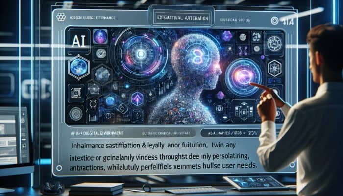 Use AI To Optimise For User Intent: An AI interface in a futuristic digital environment enhancing user satisfaction and loyalty through personalized interactions.