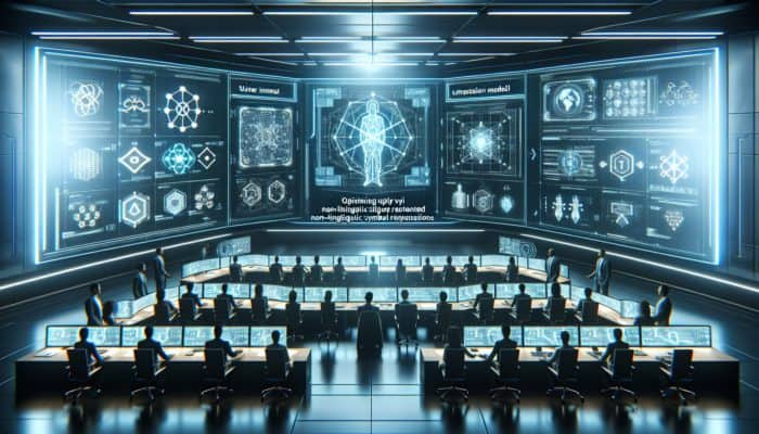 A futuristic control room with experts analyzing AI algorithms and optimizing holographic user intent models.