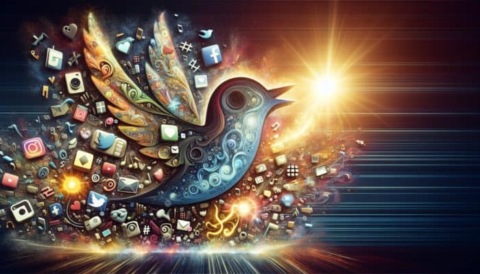 Use Trending Hashtags for SEO Visibility: A colorful collage of social media icons and glowing '#' symbols representing hashtag trends.