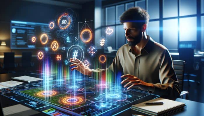 A digital marketing expert analyzing trending hashtags on a futuristic screen with SEO graphs and colorful data visualizations in a modern office.