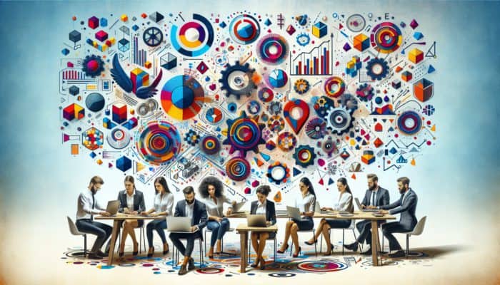 A vibrant studio with experts creating colorful infographics for link building strategies.