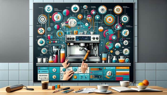 Infographic guide on cleaning Breville espresso machine, steps, mistakes, and maintenance tips in modern kitchen.