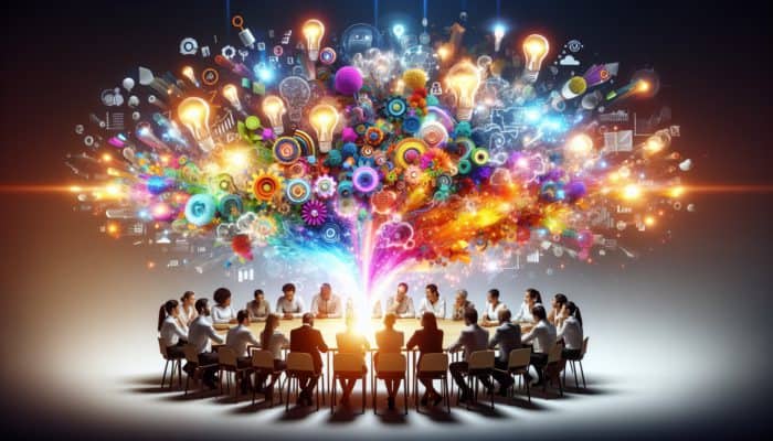 Engage in Collaborative Content for Links: A diverse team brainstorming around a glowing table, merging ideas into innovative content captivating a global audience.