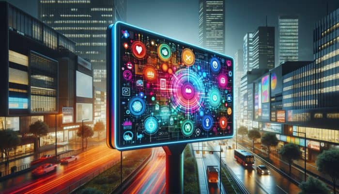 Optimise for Local Search Ad Extensions: Optimise for Local Search Ad Extensions: A vibrant digital billboard on a bustling city street showing a local business ad with address, phone, and product links.