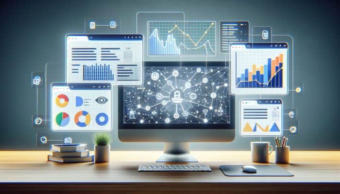 A computer screen showing Google Ads Editor, SEMrush, Google Analytics, and Ahrefs with performance charts and graphs.
