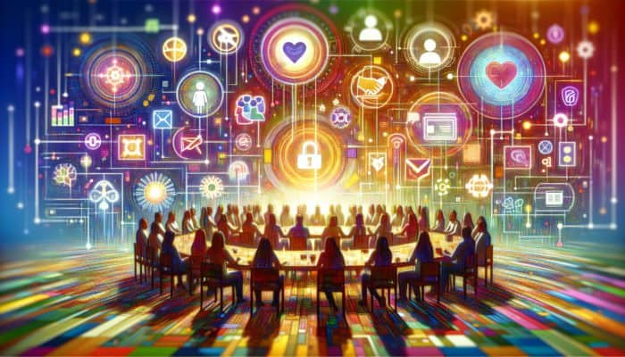 Use Community Engagement For Brand Trust: A vibrant community gathering in a colorful, interactive space, fostering deep connections and loyalty.