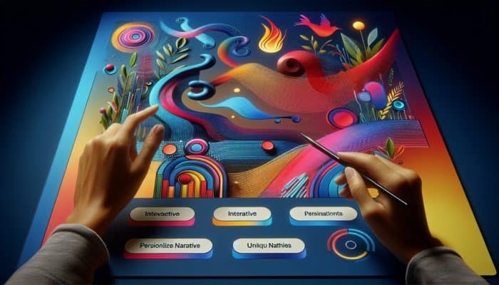 Use Content to Improve Bounce Rates: A vibrant digital interface with engaging content, visuals, quizzes, and personalized narratives, featuring a call to action.