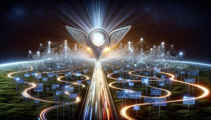 Create Content for Brand Loyalty SEO: A glowing brand logo amidst interconnected search engine pathways, symbolizing SEO-driven customer retention and trust.