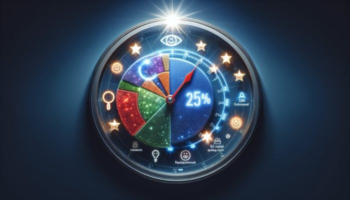 A business dashboard showing a 25% revenue increase, customer reviews, SEO profiles, and Google ratings, with a 15-minute clock.