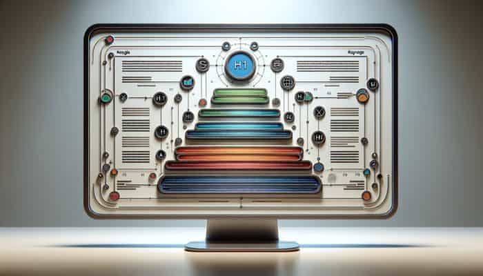 Digital screen showing SEO-friendly headings (H1, H2, H3) with integrated keywords on a modern background.