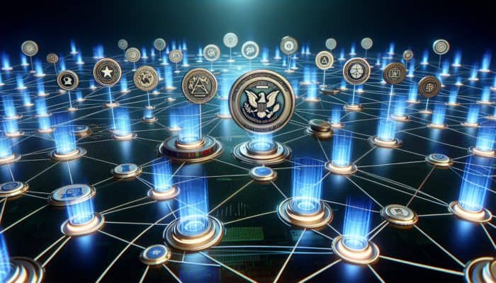 Authority Mentions: A digital landscape with glowing nodes and authoritative seals, symbolizing trust and SEO enhancement.