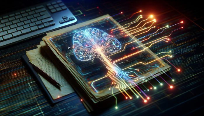 Use AI to Refine Content Structure: A futuristic AI system with glowing circuits organizing digital text documents on a high-tech interface.