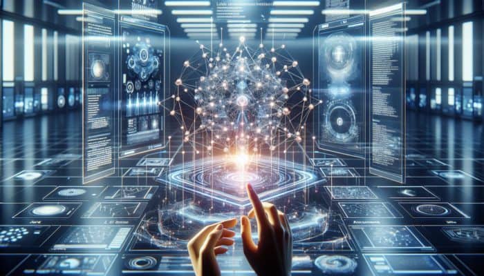 A futuristic AI interface refining content structure in a modern workspace with holographic screens.