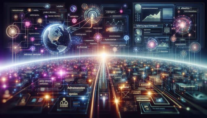 AI optimizing e-commerce, news, and educational content with glowing data streams and enhanced interfaces.