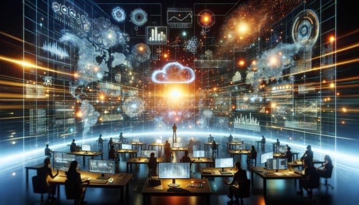 Use Data-Driven Content for Credibility: A digital landscape with glowing data streams and charts, symbolizing credibility and authority, with engaged users analyzing information.