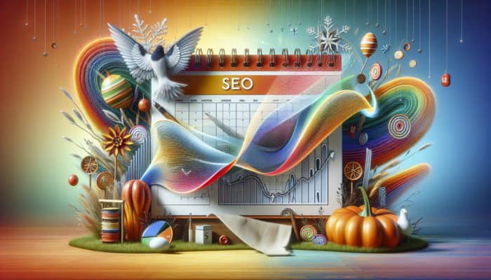 Leverage Content for Seasonal SEO Trends: A vibrant calendar with seasonal icons and SEO graphs, illustrating seasonal SEO trend alignment.