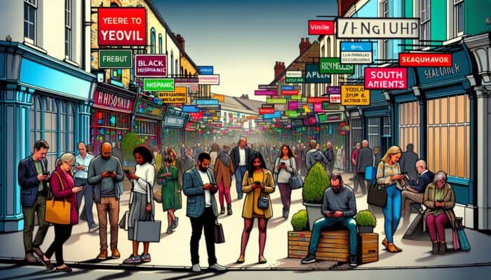 A busy Yeovil street with shops, startups, and people using mobiles to search for local services, emphasizing digital marketing need.