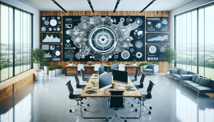 Digital Marketing in Yeovil: Modern office in Yeovil with Google's first page on screen, local SEO documents, and Somerset map.