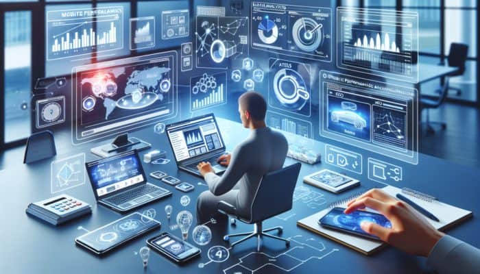 A person analyzing website performance data on a laptop and smartphone, surrounded by graphs and SEO tools in a modern office.