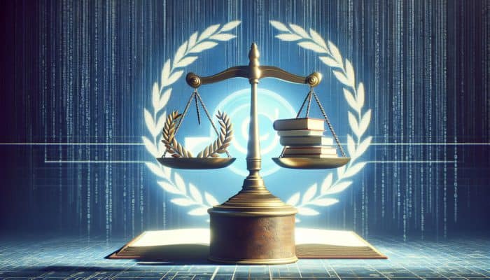 Use E-E-A-T to Boost Local Rankings: A digital scale with books and a laurel wreath, symbolizing E-E-A-T, with a search engine logo background.