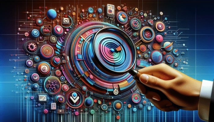 A digital interface with graphs, user icons, and a magnifying glass focusing on a target, illustrating content optimization.