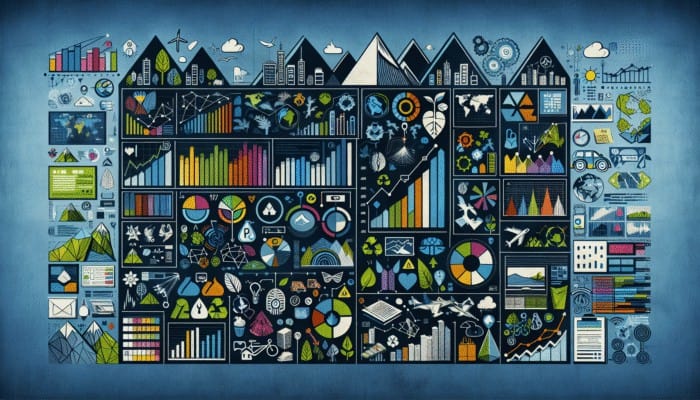A digital dashboard showing global search trends for "eco-friendly travel options" with graphs, keywords, and eco-friendly icons.