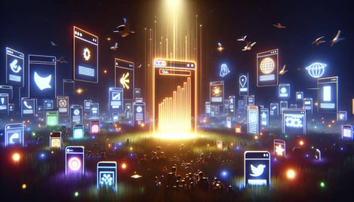 Optimise for Content Freshness Signals: A vibrant website glowing amidst dull competitors, symbolizing SEO success through fresh, updated content.