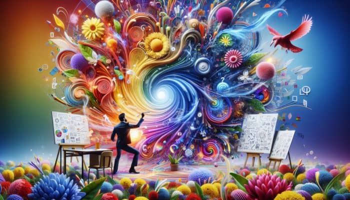 A content creator amidst colorful, swirling ideas and blooming flowers, symbolizing fresh content strategies.