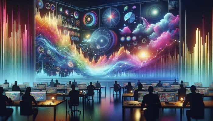 Live dashboard showing real-time stock market and weather updates with dynamic, colorful graphs.