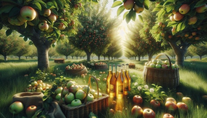 Leverage LSI Keywords to Enhance Context: A vibrant orchard scene with blooming apple trees, ripe apples, cider bottles, and 'nutritious fruit' labels.