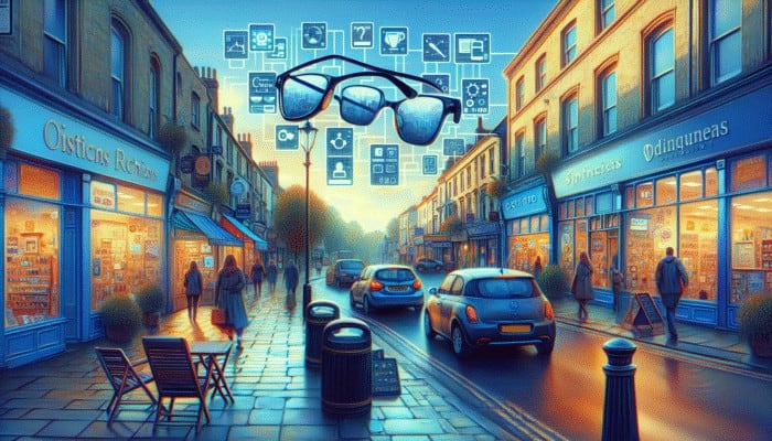 A bustling Yeovil street with diverse businesses, showcasing SEO-optimized signs and digital screens for local services.