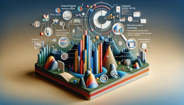 Digital landscape showing content creators optimizing for zero-click searches with smart devices and structured content.