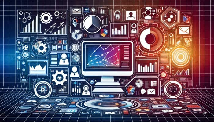 A modern digital workspace showing SEO analytics, keywords, and multimedia icons, organized with headers and bullet points.