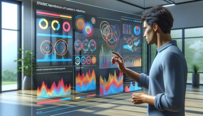 A person analyzing a dashboard with graphs and charts in a modern office, tracking key performance metrics.