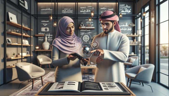 Small business owner demonstrating AR on smartphone to customer in modern store, enhancing digital shopping.