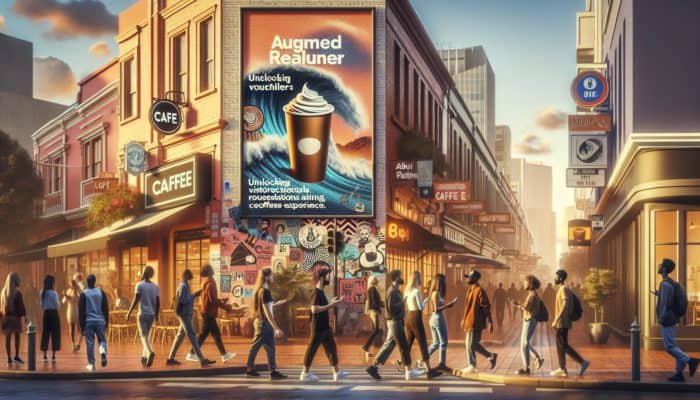 Pedestrians in Cape Town using AR on smartphones to unlock virtual coffee vouchers from a café poster.