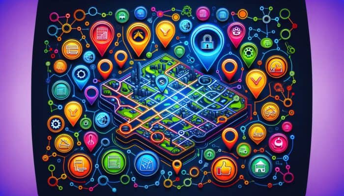 Local SEO For Roofers In Somerset: A digital map highlighting local businesses with SEO elements like keywords and reviews boosting visibility.