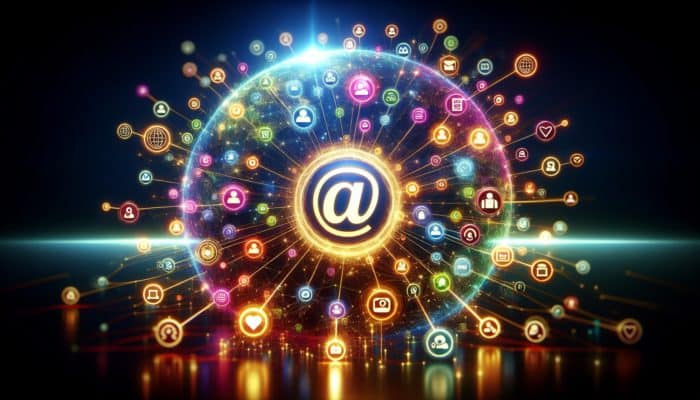 Use Social Media for Brand Authority: A vibrant digital landscape with interconnected social media icons and a central logo radiating influence.