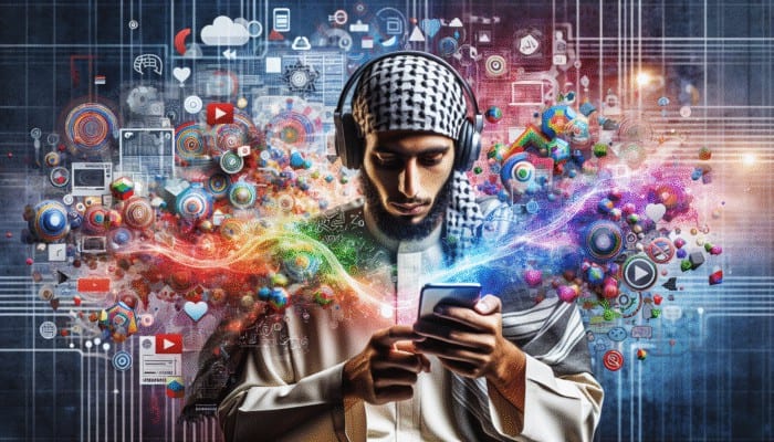 Optimize for Mobile Video Content: A person watching vibrant videos on a smartphone, with digital elements and mobile video consumption statistics.